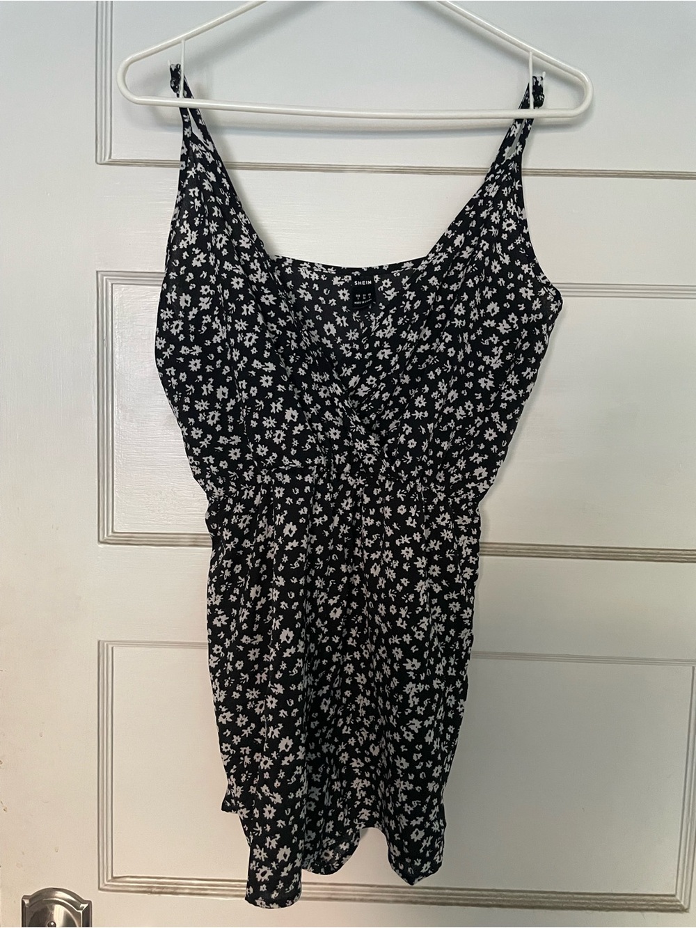 SHEIN Black and White Floral Romper with Spaghetti Straps